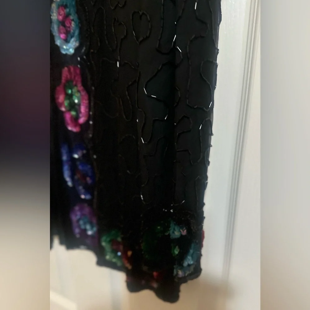 VINTAGE Women’s AMERICAN NIGHT SILK SEQUIN BEADED Floral BLAZER‎ JACKET Large.